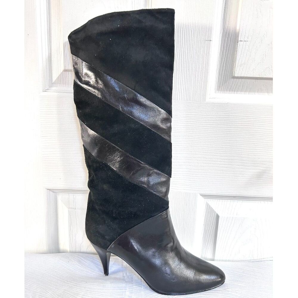 Vintage R.J.S. Black Genuine Leather Suede Knee High Heeled Boots - Sz 9